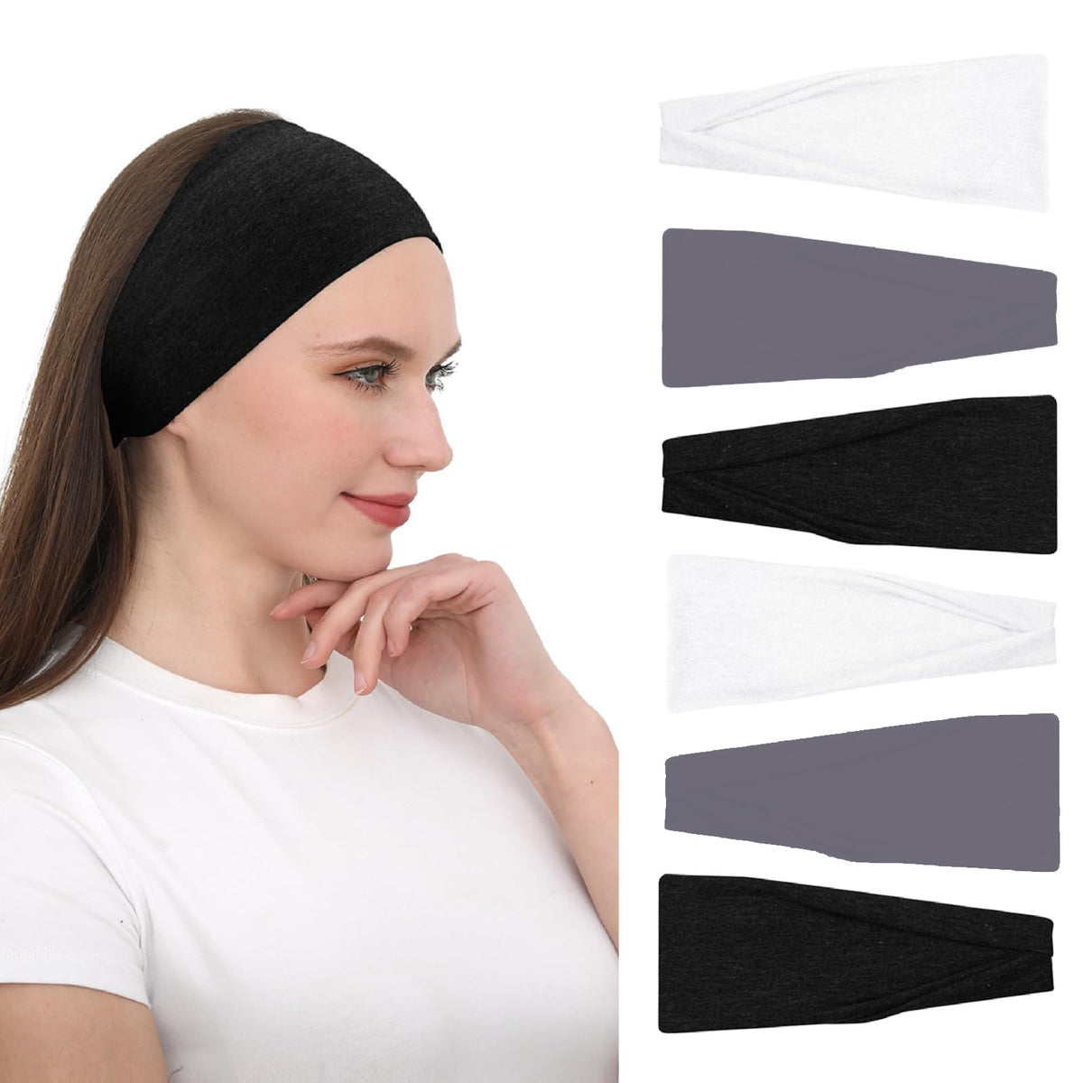 RITOPER Black Headbands for Women, 6 Pack Wide Workout Sweatbands