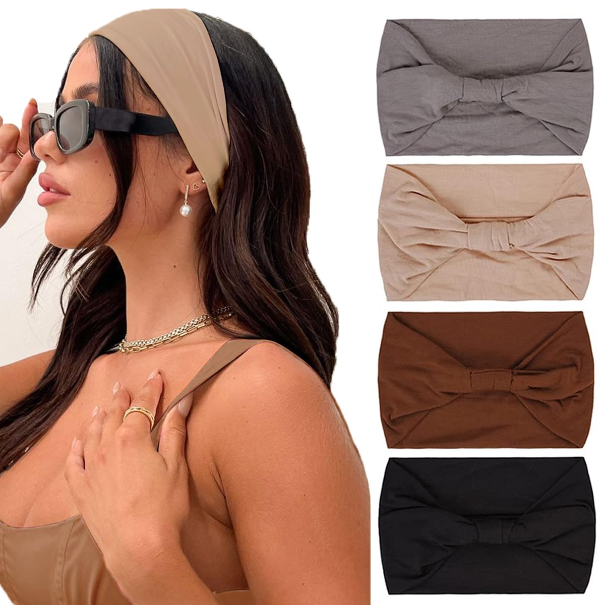 Kachanaa 8 Pack Wide Non-Slip Boho Women's Headband - Elastic Large African Turban Headwrap Ideal for Yoga,Workouts,Running - Non-Slip Design for Women