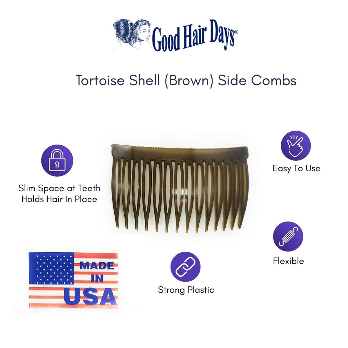 Good Hair Days USA Anti-Slip Side Combs for Daily, Secure Hold, 2⅞", 2 Pack