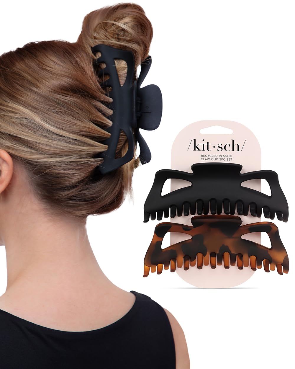 Kitsch Medium Puffy Claw Clips for Women - Black & Tort, 2pcs