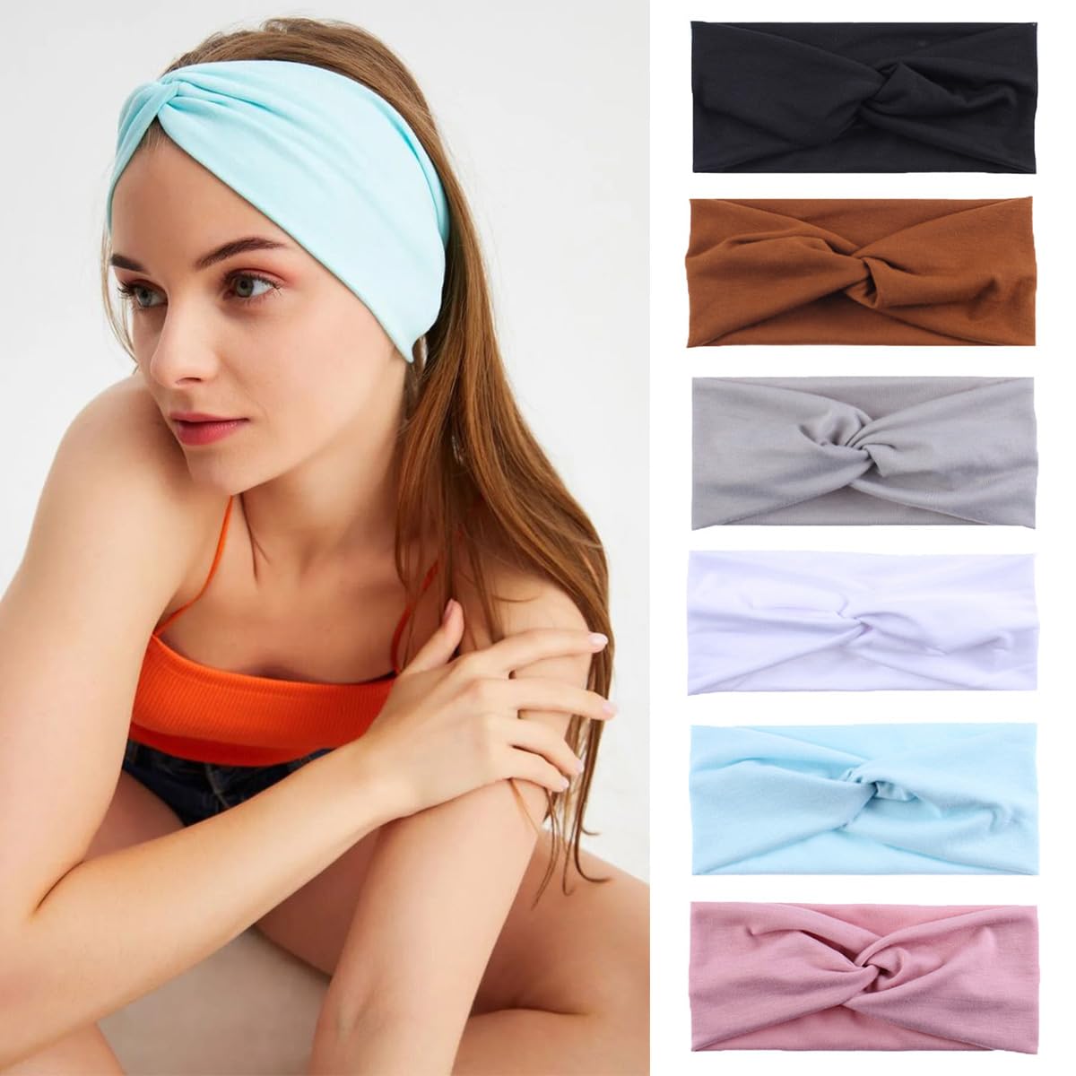 Kachanaa 8 Pack Wide Non-Slip Boho Women's Headband - Elastic Large African Turban Headwrap Ideal for Yoga,Workouts,Running - Non-Slip Design for Women