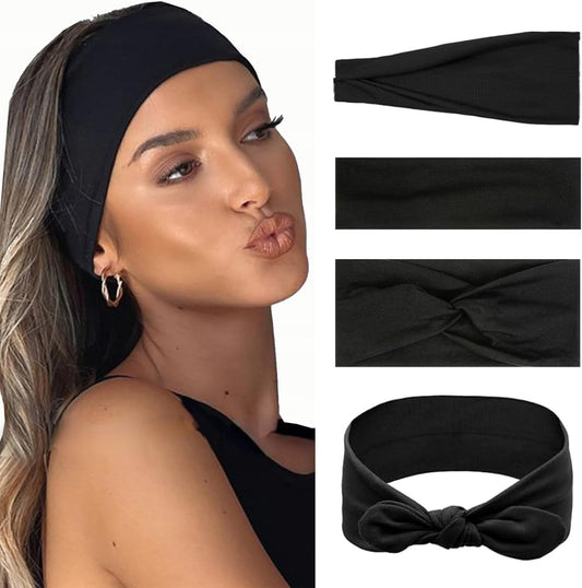Huachi Headbands for Women Non Slip, 4 Packs Elastic Head Bands for Women’s Hair, One Set Multi Styles - Fashion Hairband Hair Accessories, Soft Cloth Fabric Workout Gym Yoga Sweat Bands