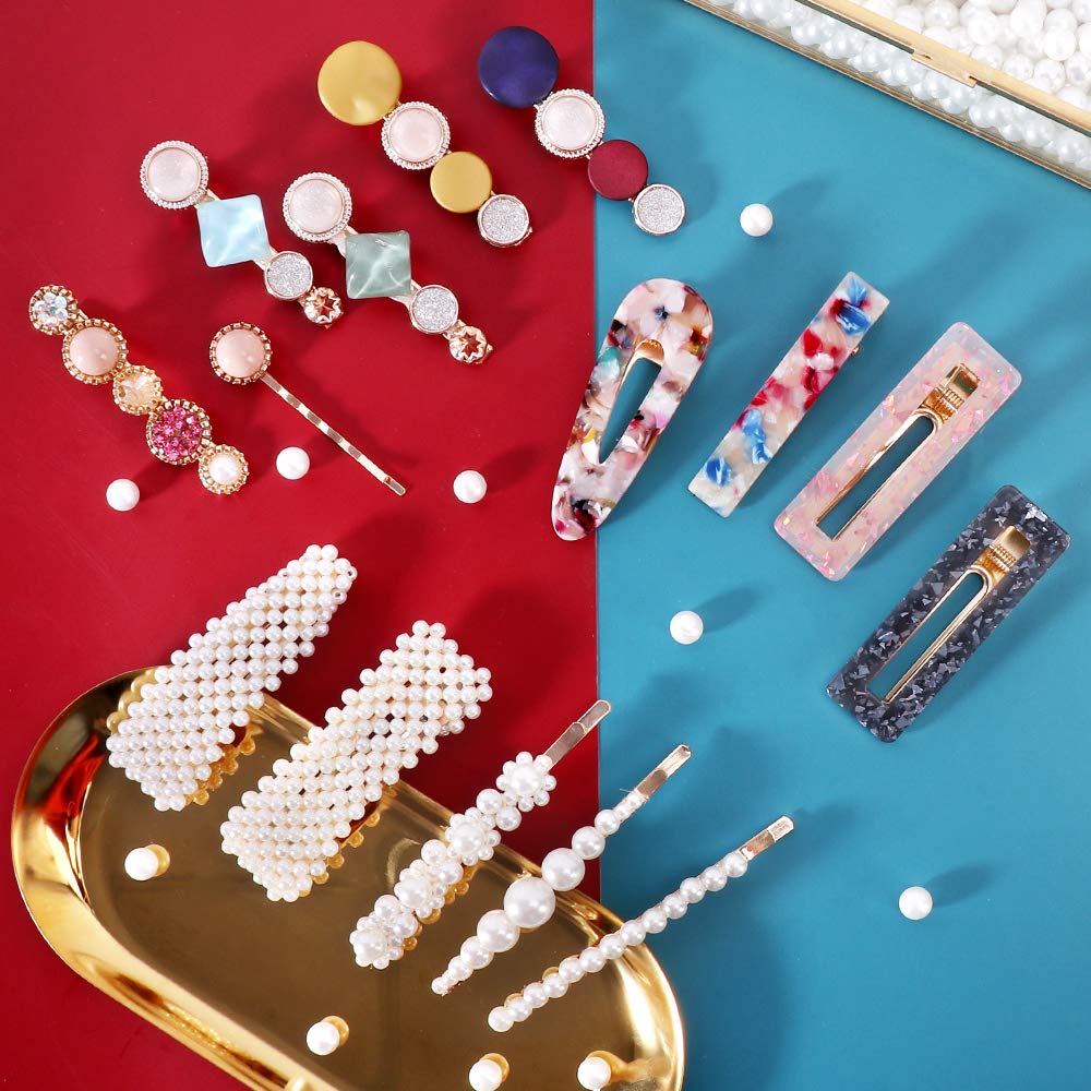 Magicsky 28 PCS Pearls and Macaron Acrylic Resin Hair Clips for Women Girls