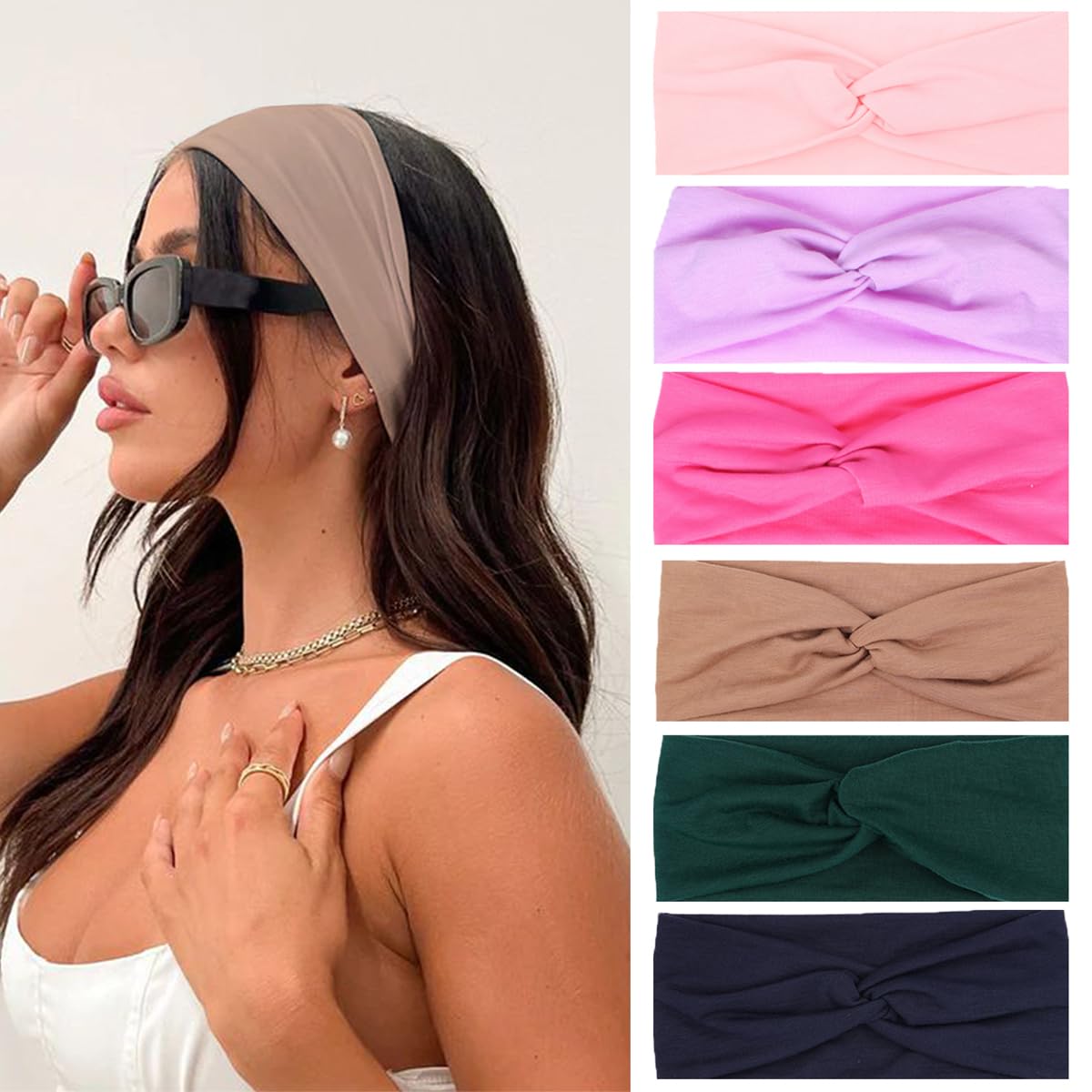 Kachanaa 8 Pack Wide Non-Slip Boho Women's Headband - Elastic Large African Turban Headwrap Ideal for Yoga,Workouts,Running - Non-Slip Design for Women