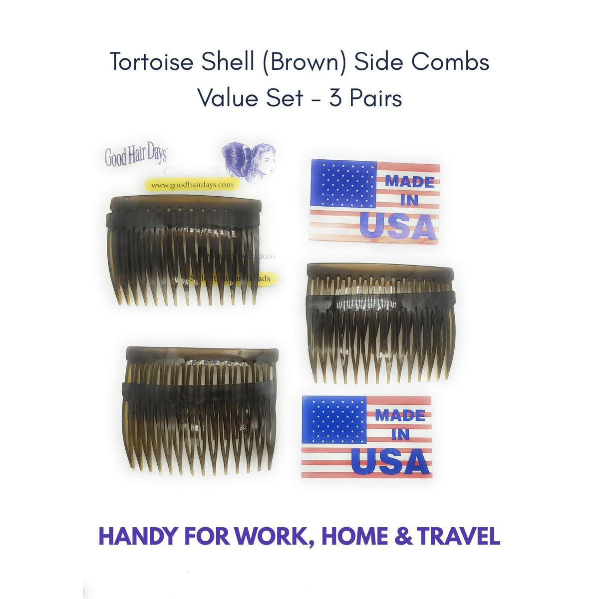 Good Hair Days USA Anti-Slip Side Combs for Daily, Secure Hold, 2⅞", 6 Pack