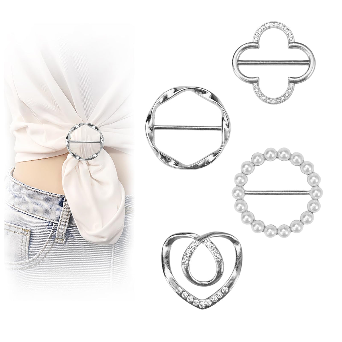 4PCS Scarf Ring Clip -T-shirt Ties Clips Clothes Corner Knotted Button for Women Fashion Metal Round Circle Shirt Clip Buckle