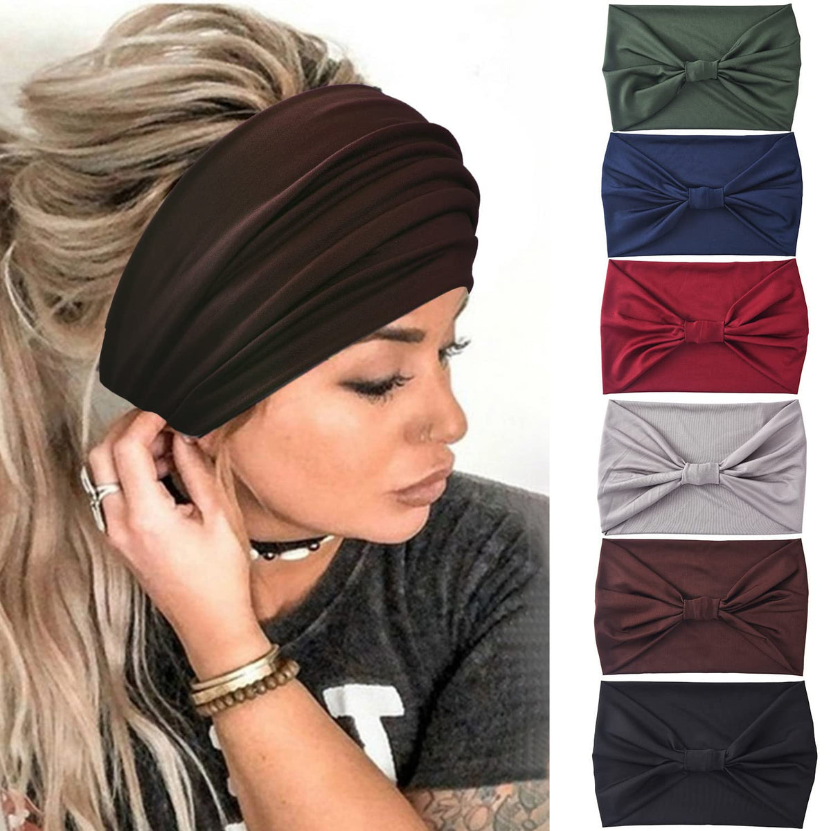 Yeshan Wide Headbands for Women Non Slip Boho Headband Elastic Tie dye Yoga Workout Sweat Bands Running Sport Hair bands,Pack of 6