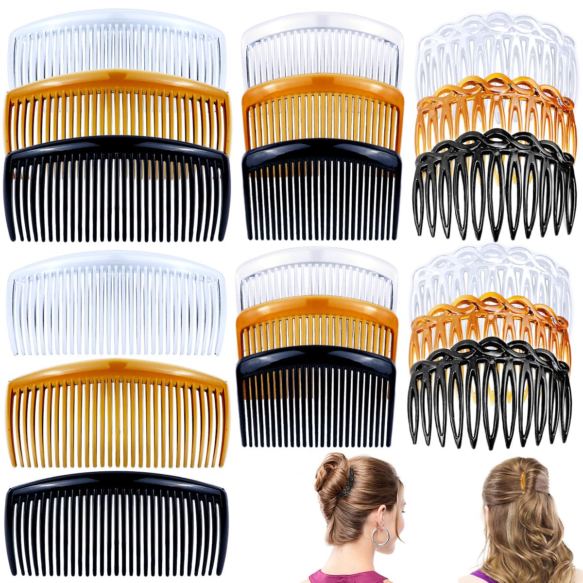 18 Piece Twist Comb Set - Plastic Side Hair Clips With 11/25 Teeth for Multiple Hairstyles, Girls and Women Hair Accessories (Black, Transparent, Brown)