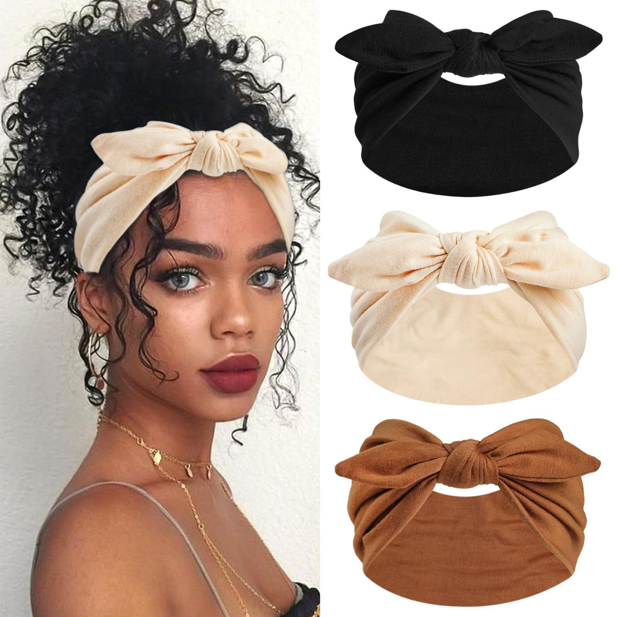 3Pack Black Bow Headbands for Women Boho Wide Head Bands for Women's Hair Valentines Non Slip Elastic Hair Bands Soft Headwraps Workout Yoga Turban Hair Accessories
