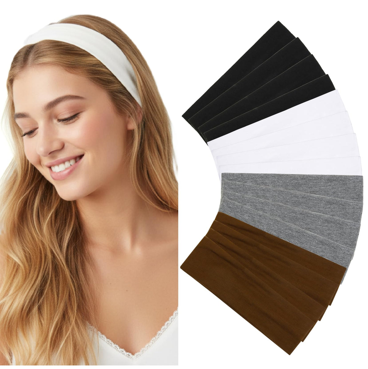 Elastic Non-Slip Soft Cloth Fabric Women's Headbands 16 Pack - Yoga, Running, Sports Hair Accessories in Black, Brown, Beige, Thick