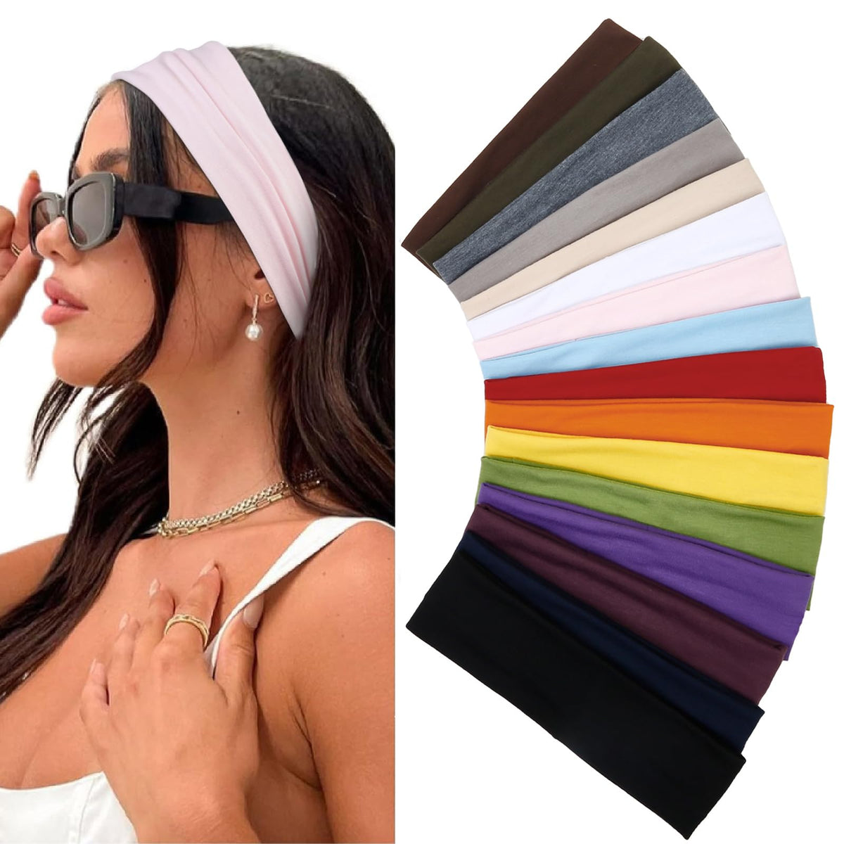 Elastic Non-Slip Soft Cloth Fabric Women's Headbands 16 Pack - Yoga, Running, Sports Hair Accessories in Black, Brown, Beige, Thick