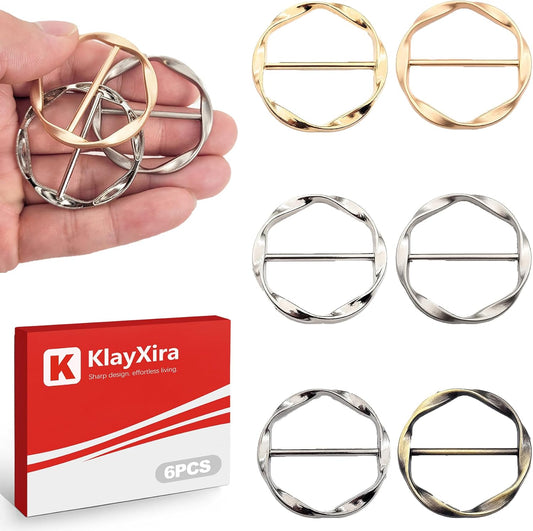 6Pack Shirt Clips for Women for the Side, Metal T-Shirt Tie Ring and Scarf Clip Buckle, Fashion Twist Knot Corner Button for Clothes, Skirts and Shawls for Girls