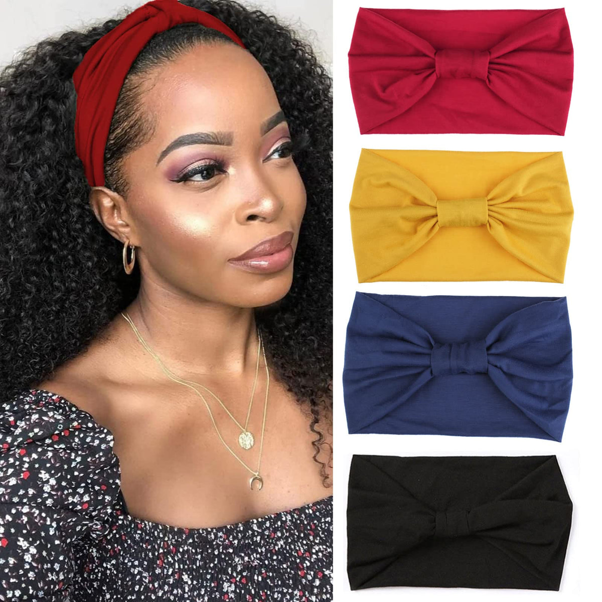 XTREND 4 Packs Wide Headband Fashion Headscarf Bohemian Style Elastic Knotted Non-slip Headband Suitable For Black Women Outdoor Yoga Sports Printed Hair Accessories
