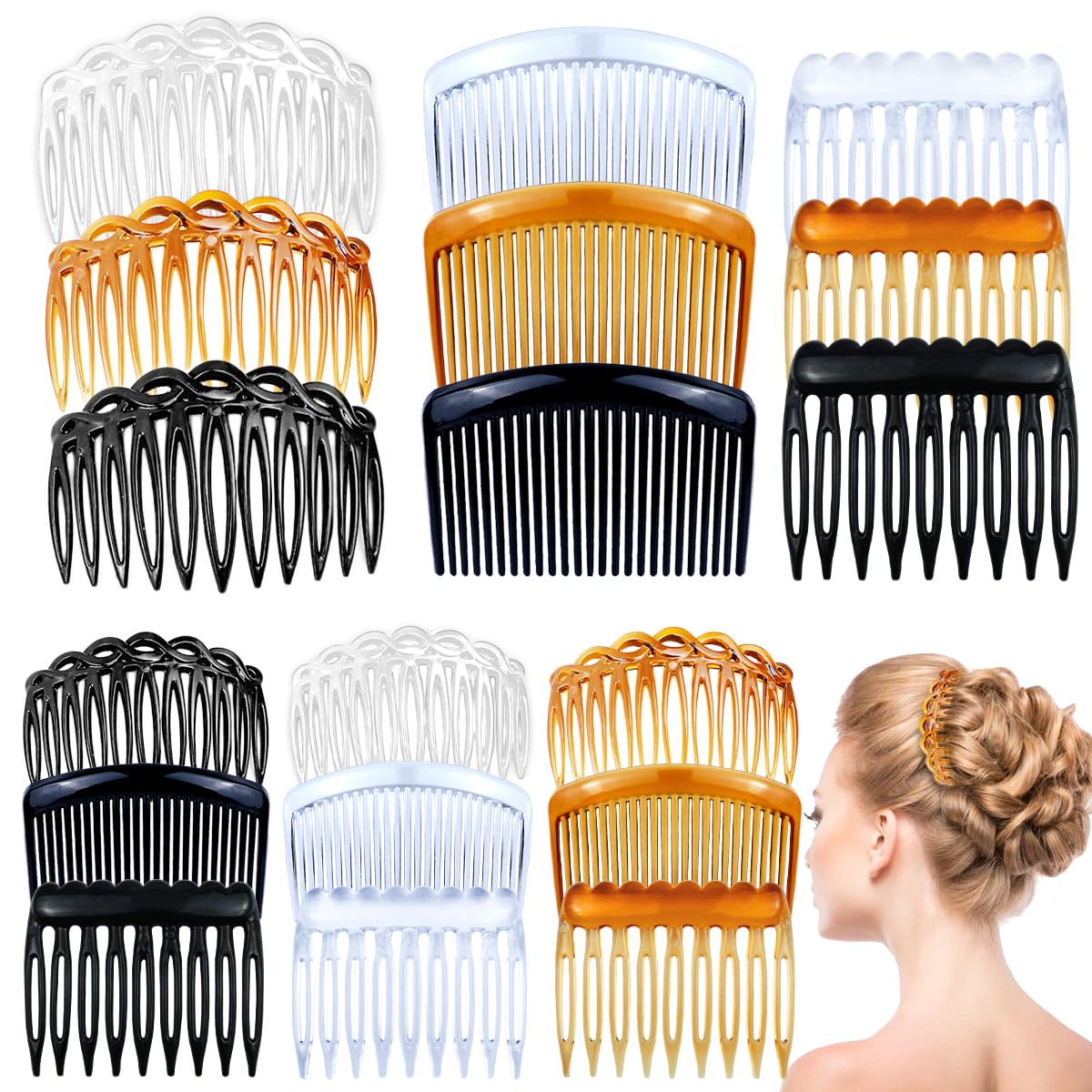 18 Piece Twist Comb Set - Plastic Side Hair Clips With 11/25 Teeth for Multiple Hairstyles, Girls and Women Hair Accessories (Black, Transparent, Brown)