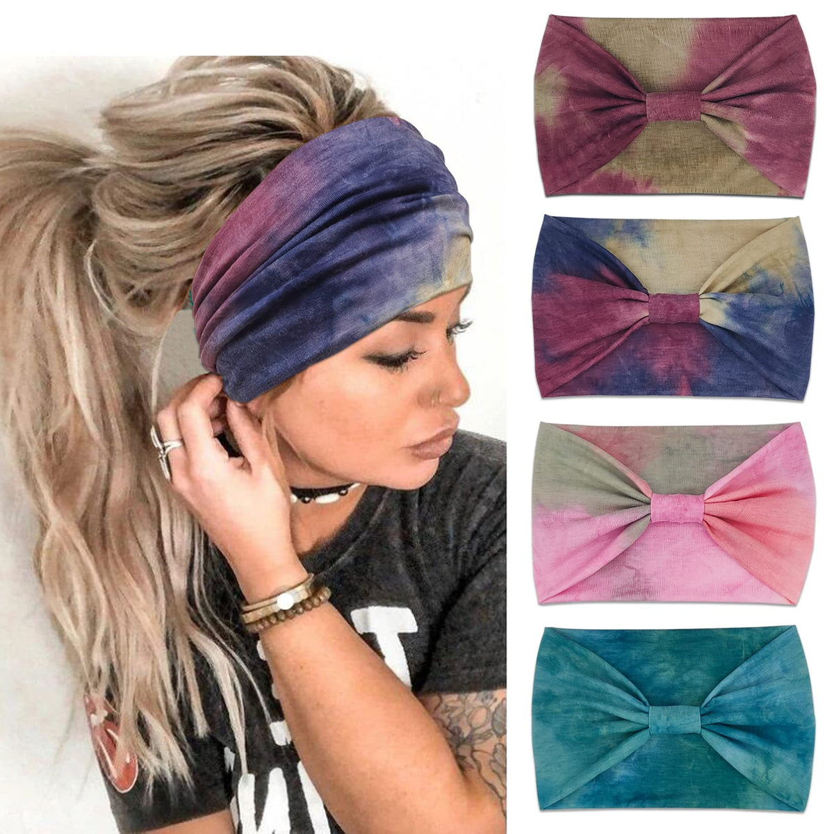 YONUF Wide Headbands for Women, 4 Pack Boho Knotted Head Bands Daily Wear