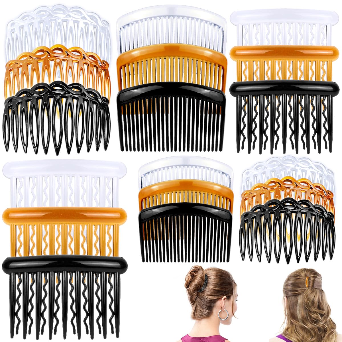 18 Piece Twist Comb Set - Plastic Side Hair Clips With 11/25 Teeth for Multiple Hairstyles, Girls and Women Hair Accessories (Black, Transparent, Brown)
