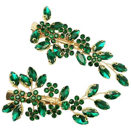 Bridal Side Hair Clips 2pcs Emerald Rhinestone Gold Vine Hair Accessories
