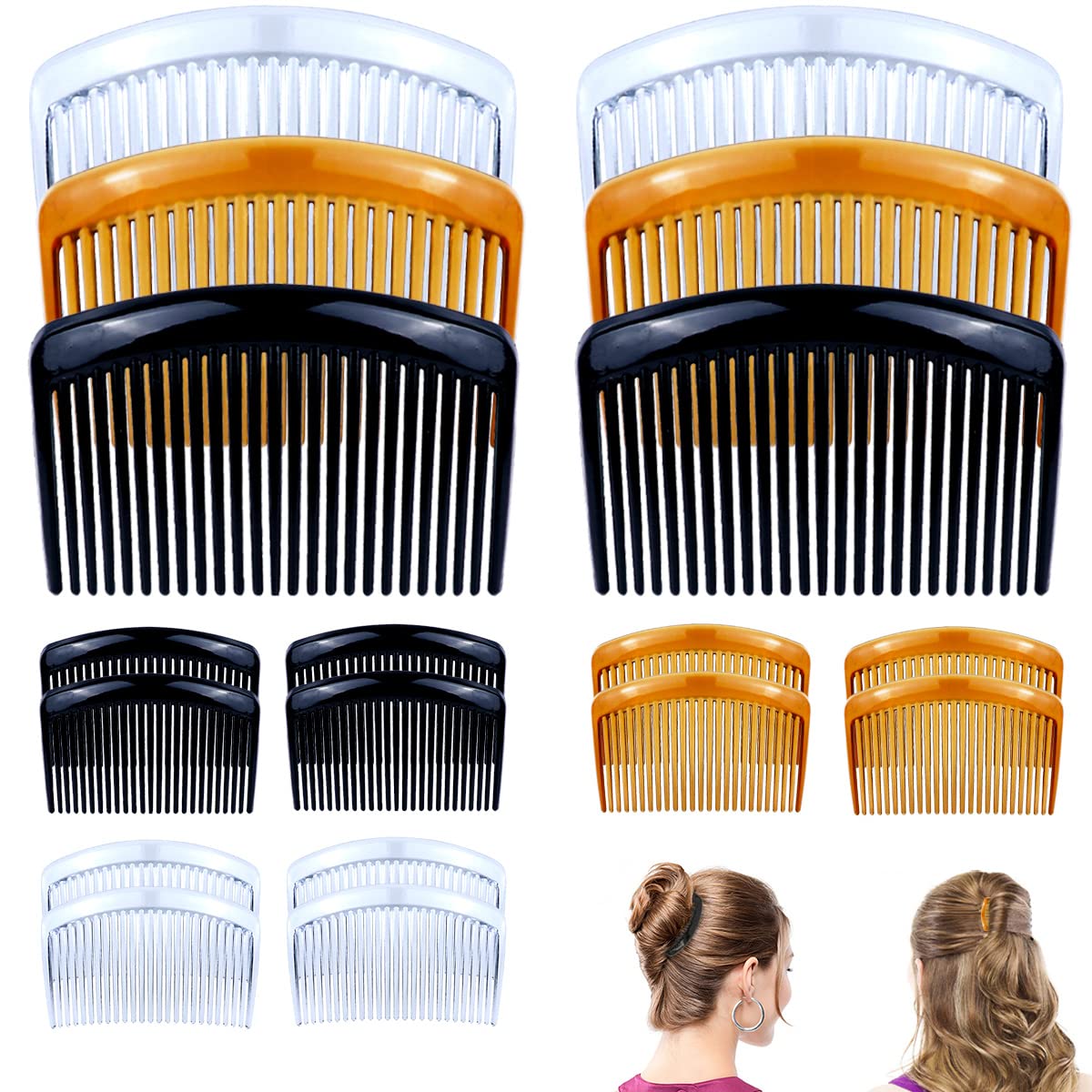 18 Piece Twist Comb Set - Plastic Side Hair Clips With 11/25 Teeth for Multiple Hairstyles, Girls and Women Hair Accessories (Black, Transparent, Brown)
