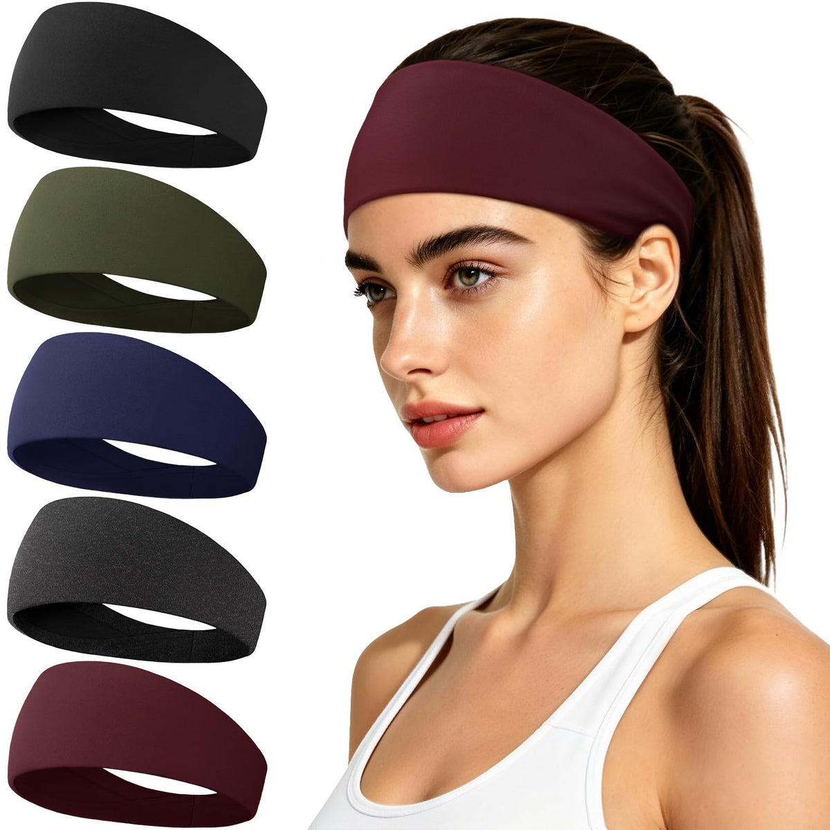 Sweat Band, 5 Pack Headband Moisture Wicking for Running Sports