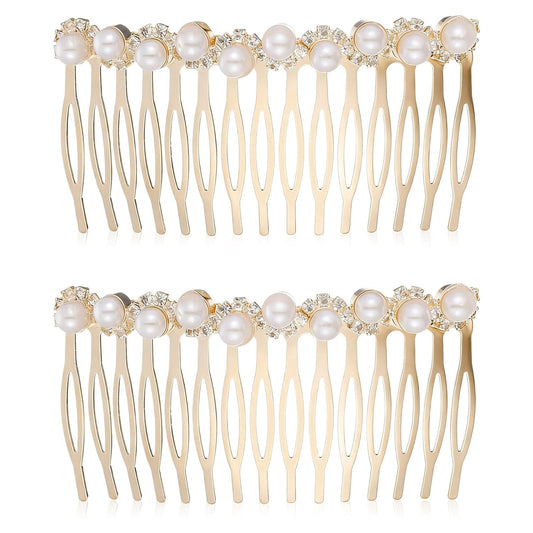 2 PCS Pearl Hair Comb for Women Decorative, Gold Pearl Hair Combs with Rhinestones, Decorative Hair Combs for Women Accessories Bridal Wedding Party Daily Decor