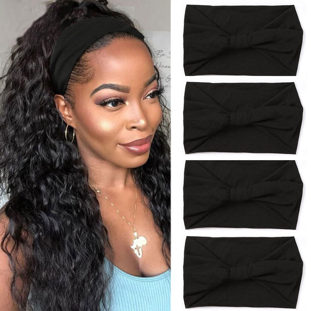 XTREND 4 Packs Wide Headband Fashion Headscarf Bohemian Style Elastic Knotted Non-slip Headband Suitable For Black Women Outdoor Yoga Sports Printed Hair Accessories