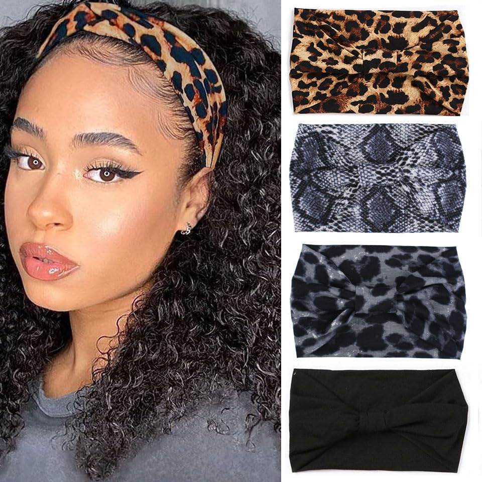 XTREND 4 Packs Wide Headband Fashion Headscarf Bohemian Style Elastic Knotted Non-slip Headband Suitable For Black Women Outdoor Yoga Sports Printed Hair Accessories