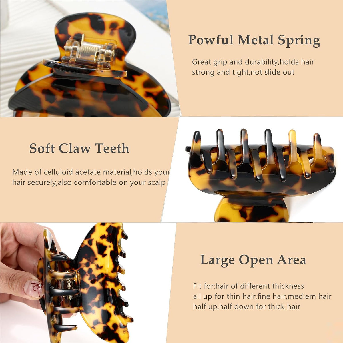 2Pcs Small Medium Hair Claw Clips for Women Tortoise Shell Claw Hair Clips for Thin Fine Medium Thick Hair