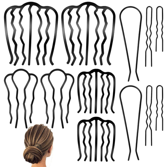 12 Pcs Hair Side Combs, Hair Fork Clips, Pins, French Twist Updo Accessories, U-Shape Teeth Styling Tool for Vintage Hairstyle Women Girls Bun - Black