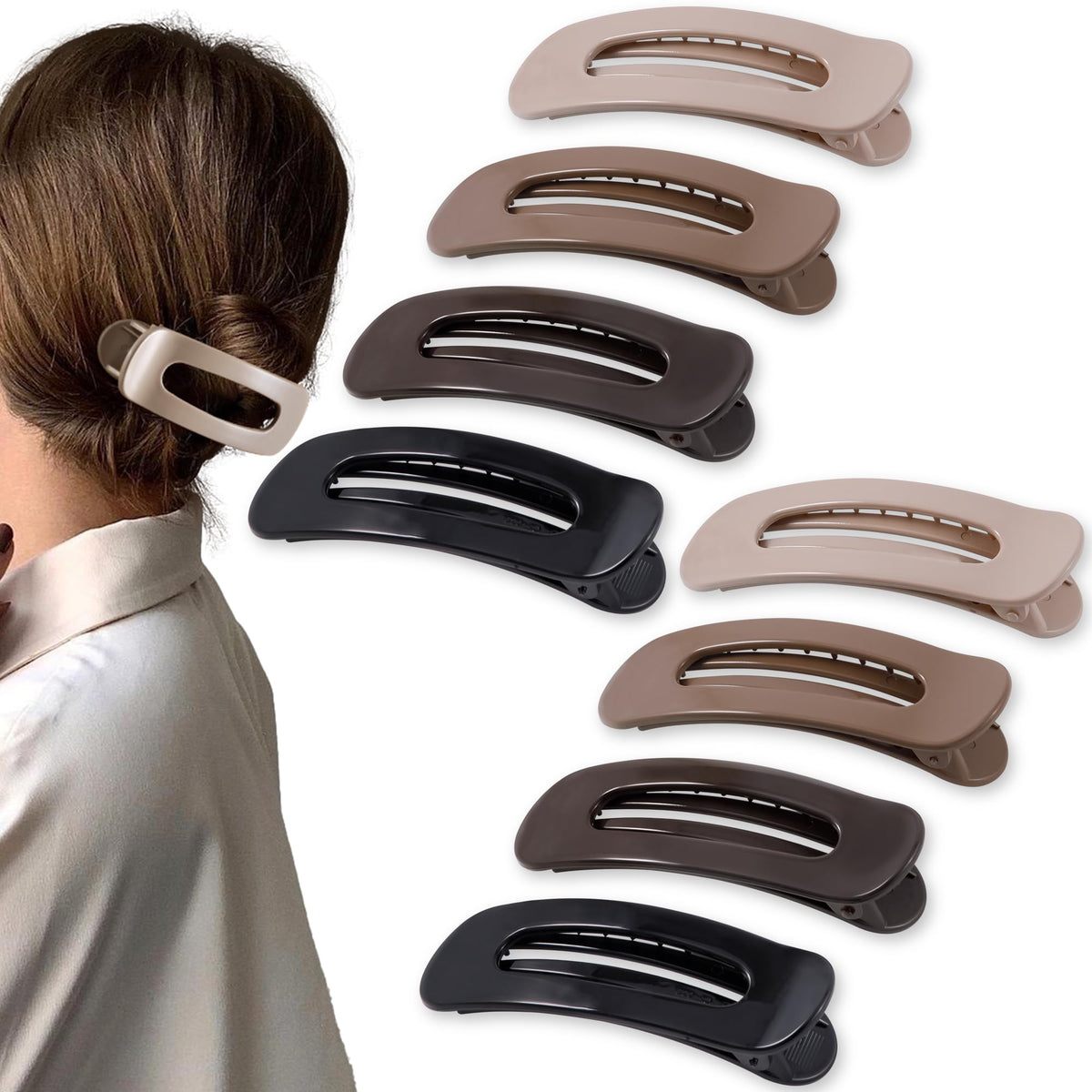 8 Pcs Large Lay Flat Claw Clips for Women French Side Slide Barrettes for Thin Fine Hair Rectangle Alligator Hair Accessories,Matte Coffee Khaki Brown Black