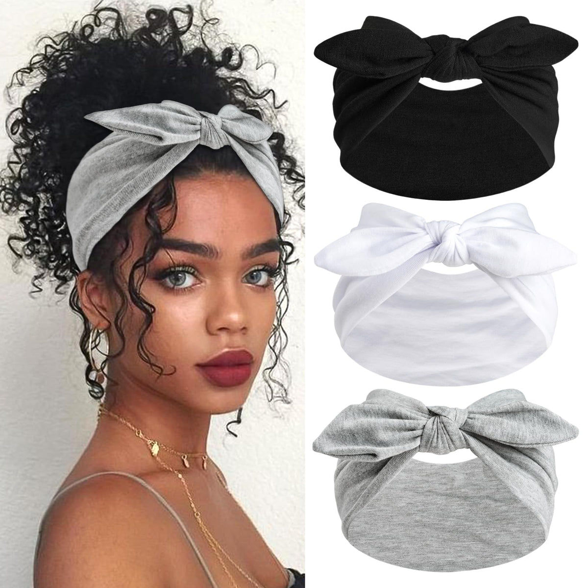 3Pack Black Bow Headbands for Women Boho Wide Head Bands for Women's Hair Valentines Non Slip Elastic Hair Bands Soft Headwraps Workout Yoga Turban Hair Accessories