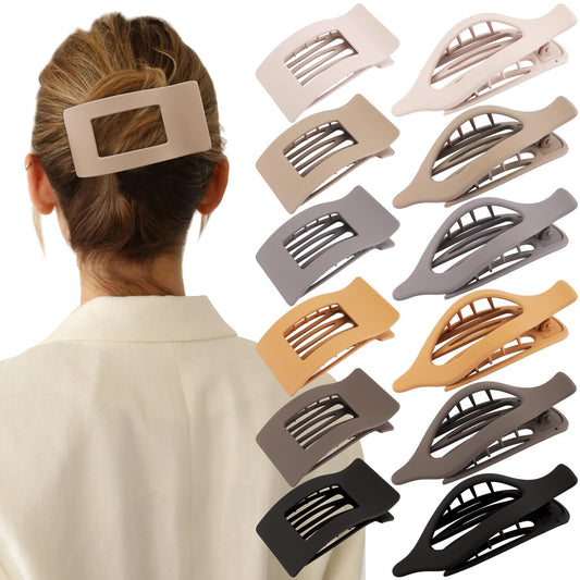 Velscrun Flat Hair Clips for Women Girls, 12 Pack Lay Flat Claw Clips, Large Side French Duck Billed Hair Jaw Claw Clip for All Hair Types, Work Daily Trendy Fashion Styling Gifts Hair Clip Brown