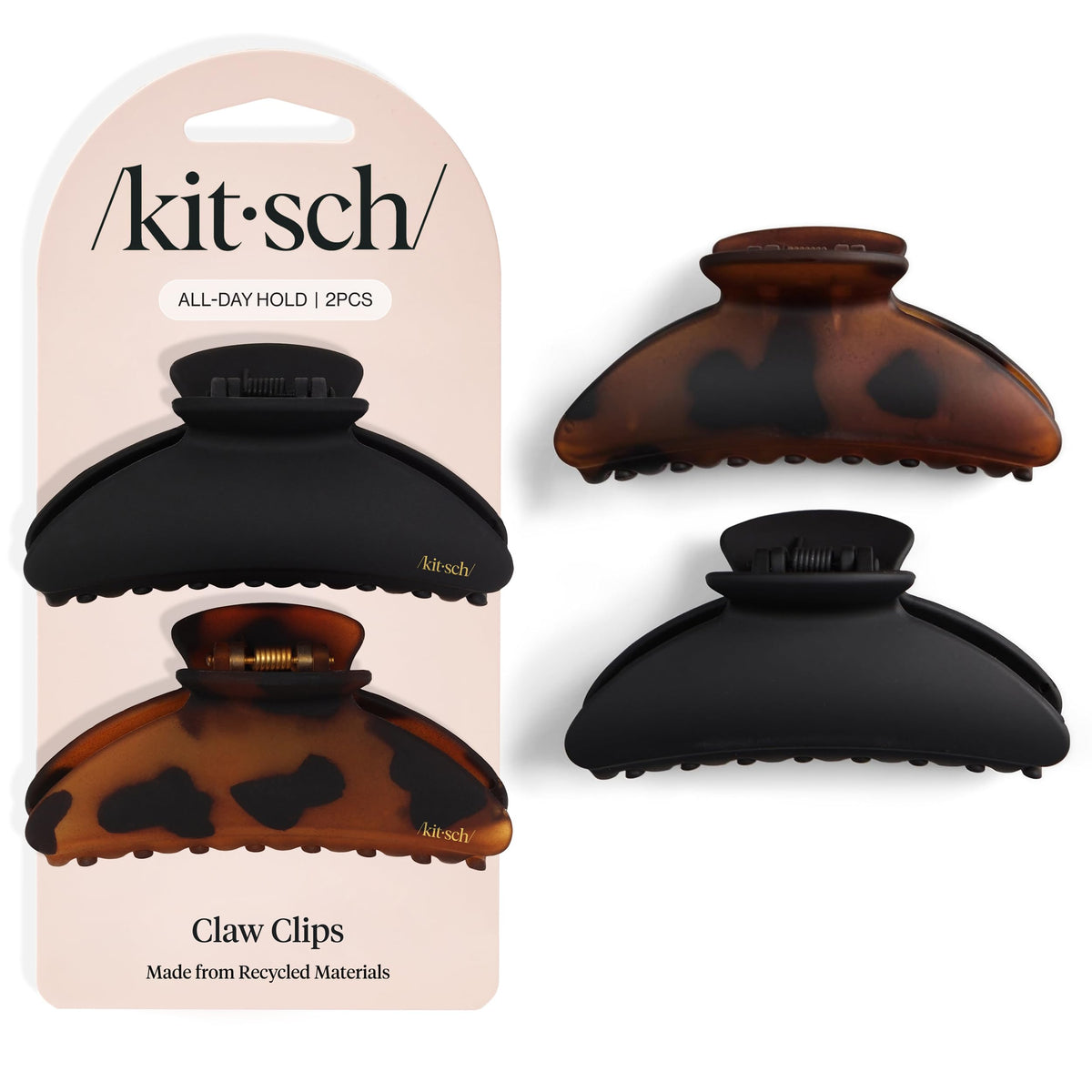 Kitsch Medium Puffy Claw Clips for Women - Black & Tort, 2pcs