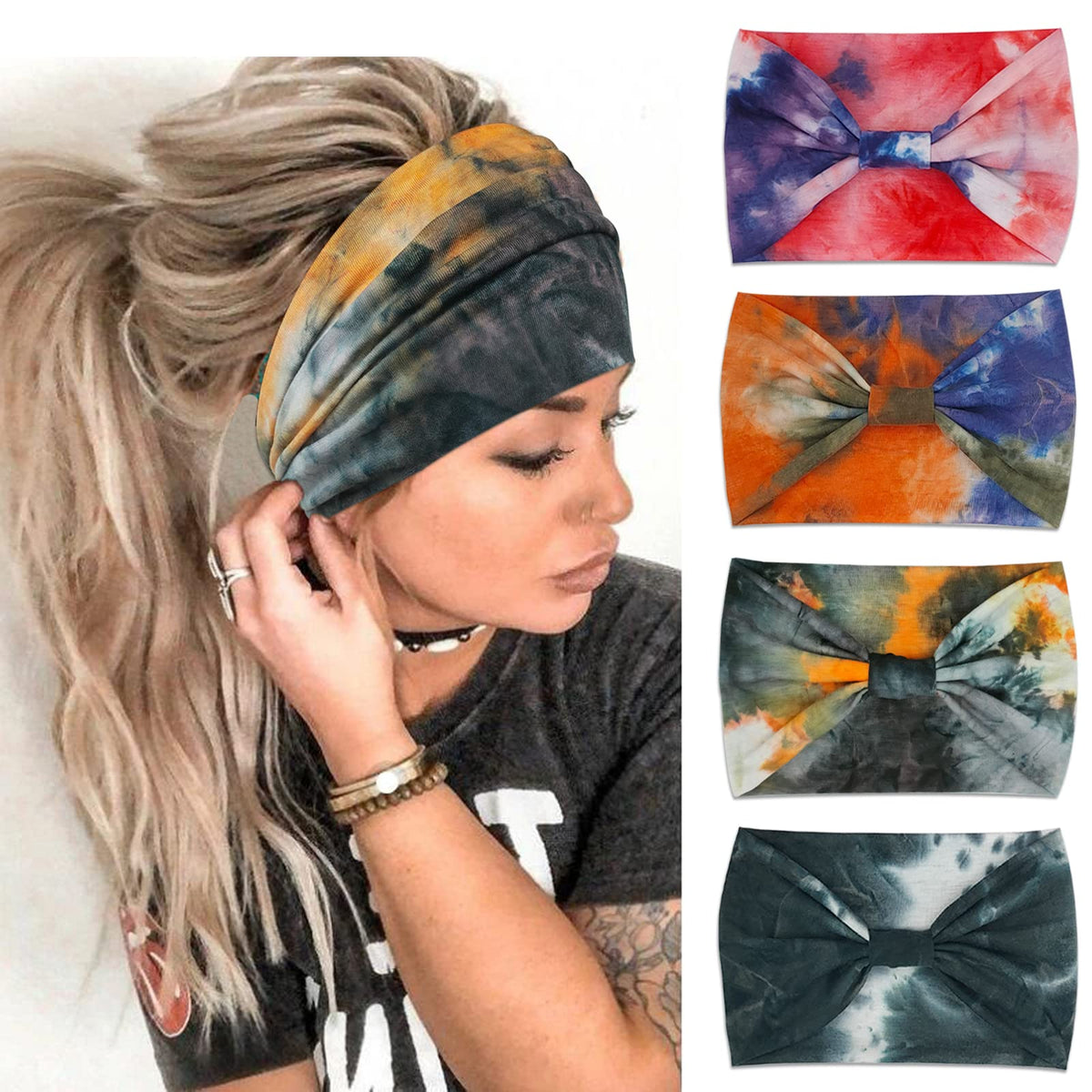 YONUF Wide Headbands for Women, 4 Pack Boho Knotted Head Bands Daily Wear