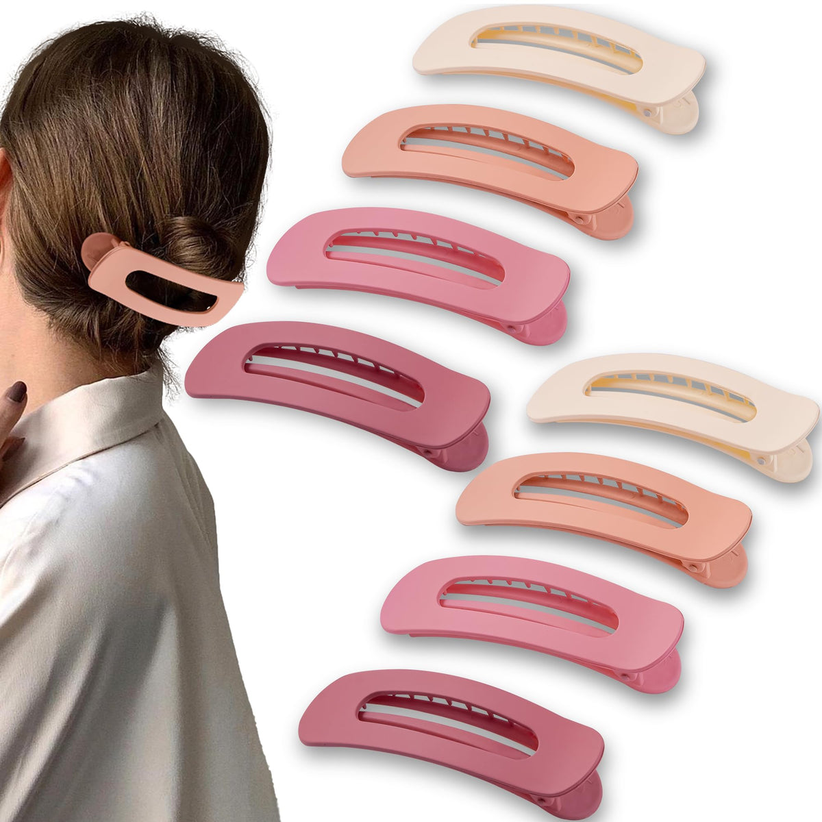 8 Pcs Large Lay Flat Claw Clips for Women French Side Slide Barrettes for Thin Fine Hair Rectangle Alligator Hair Accessories,Matte Coffee Khaki Brown Black