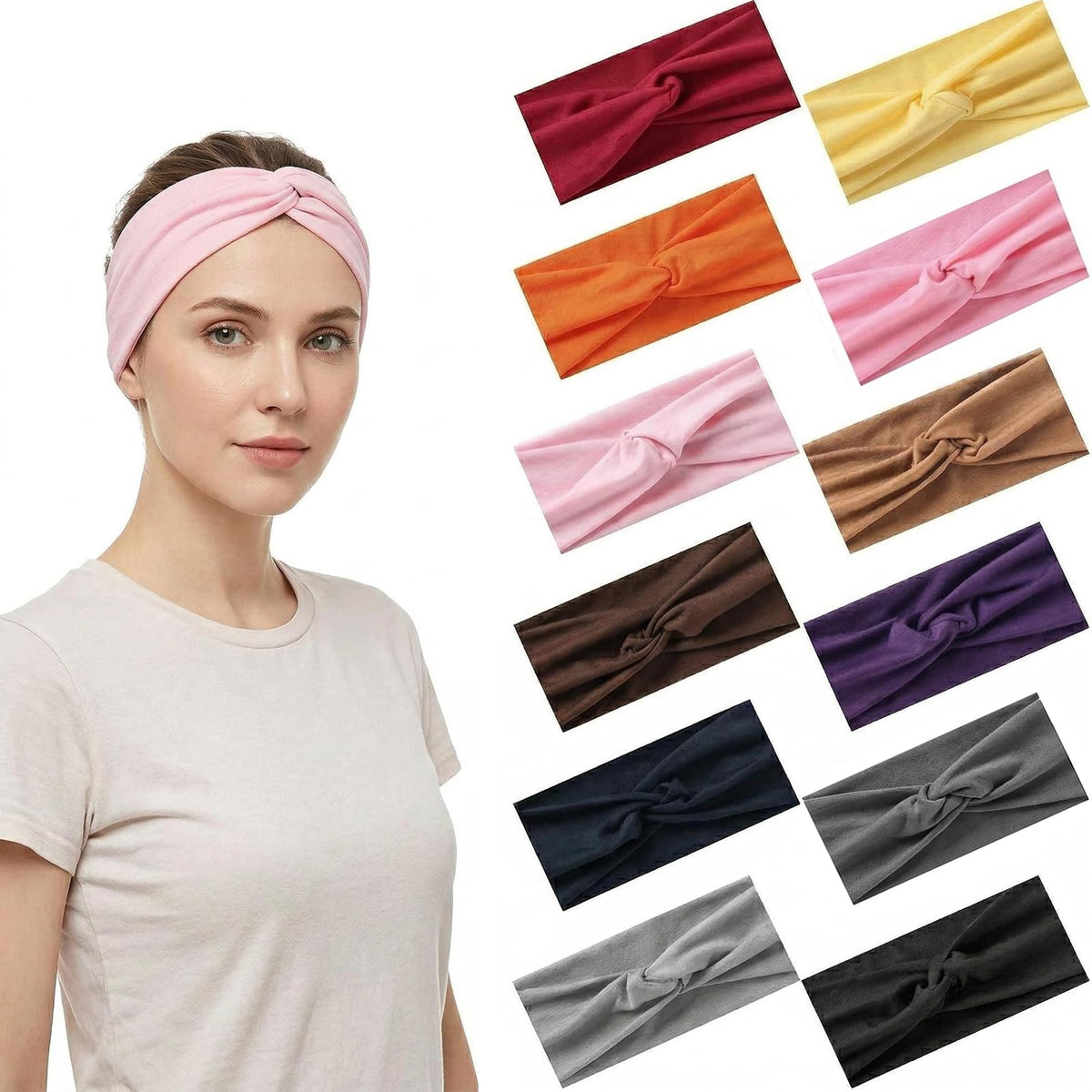 12 Pcs Stretchy Sport Headbands for Women,Absorbed Sport Headband Soft Twist Knotted Headbands for Yoga, Workout Daily Life