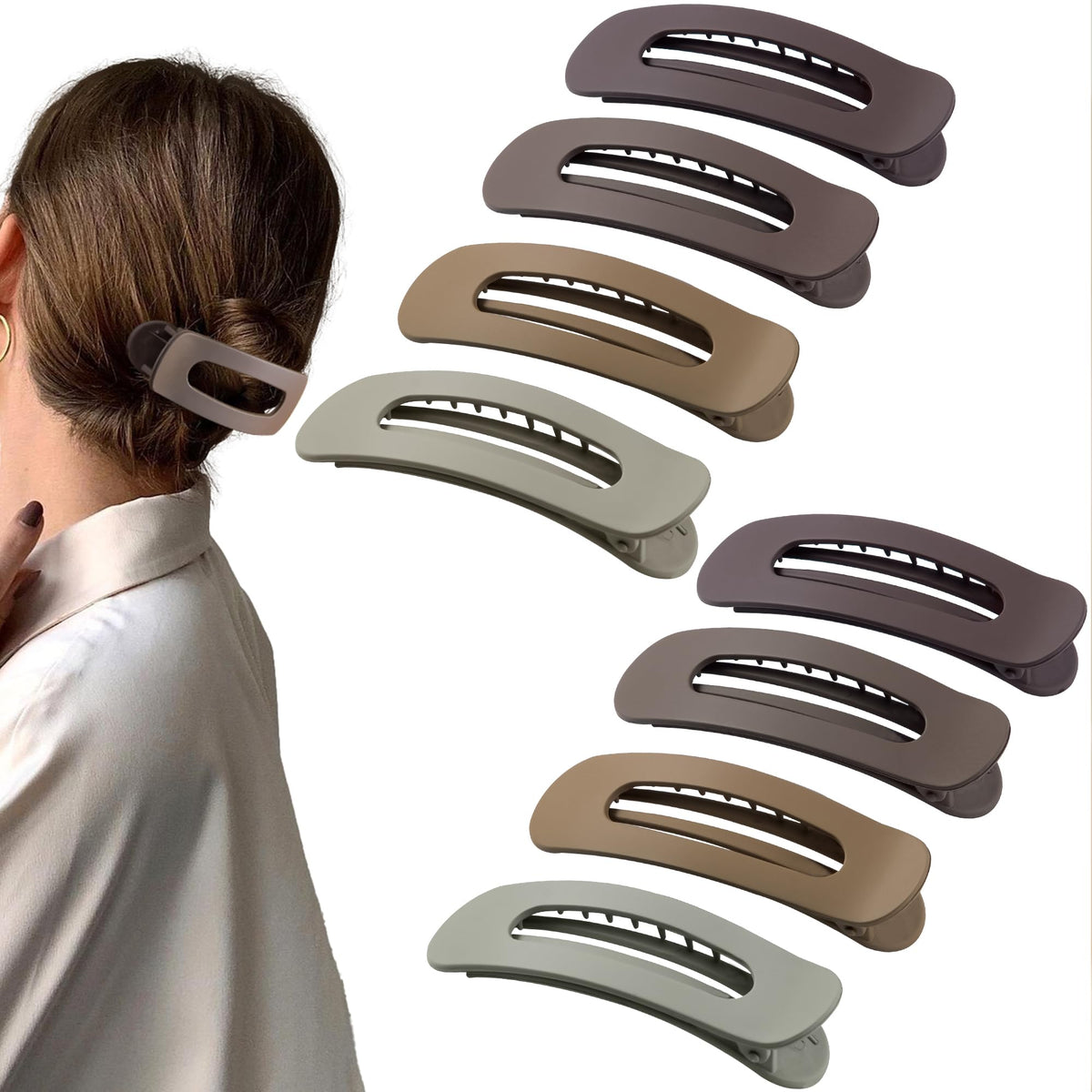 8 Pcs Large Lay Flat Claw Clips for Women French Side Slide Barrettes for Thin Fine Hair Rectangle Alligator Hair Accessories,Matte Coffee Khaki Brown Black