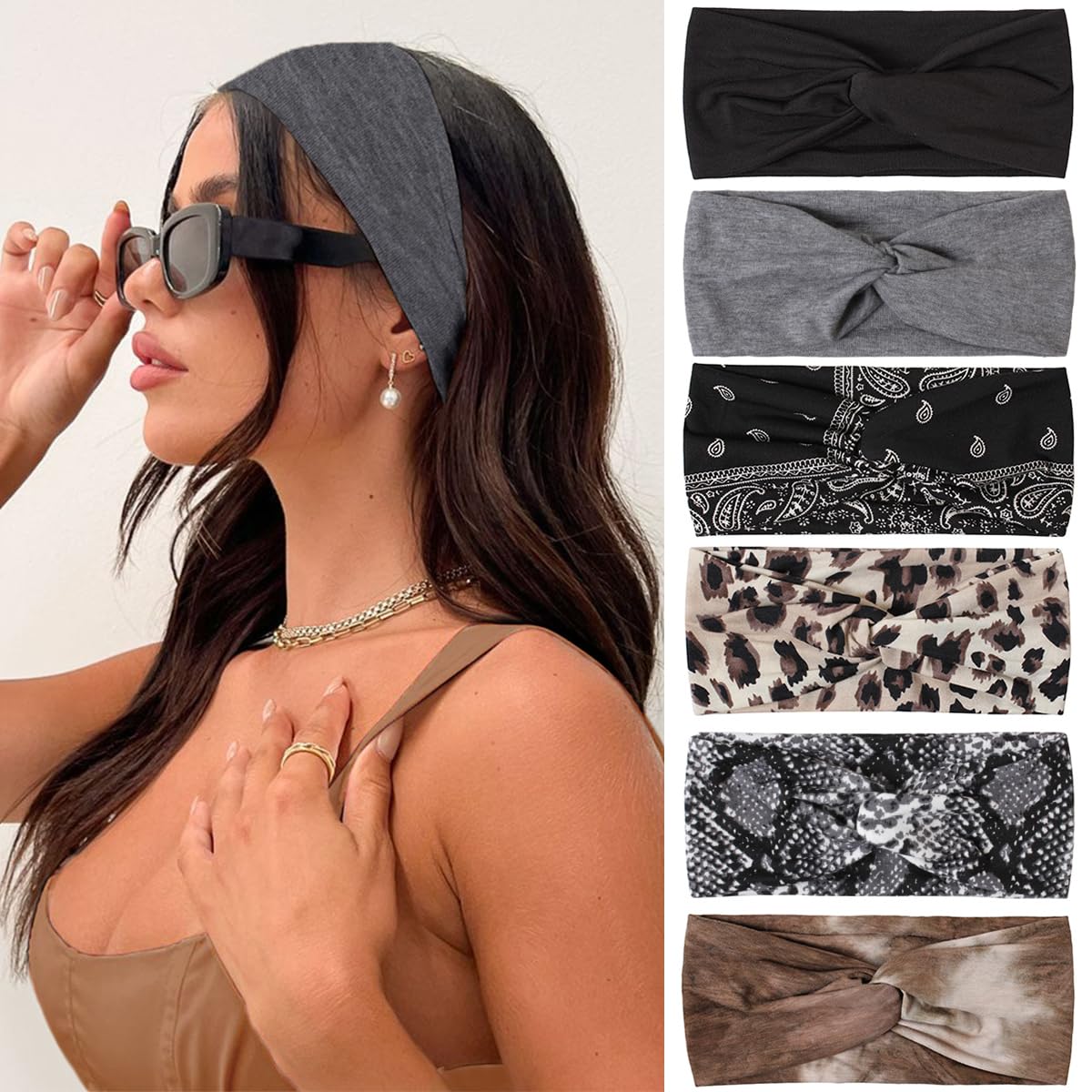 Kachanaa 8 Pack Wide Non-Slip Boho Women's Headband - Elastic Large African Turban Headwrap Ideal for Yoga,Workouts,Running - Non-Slip Design for Women