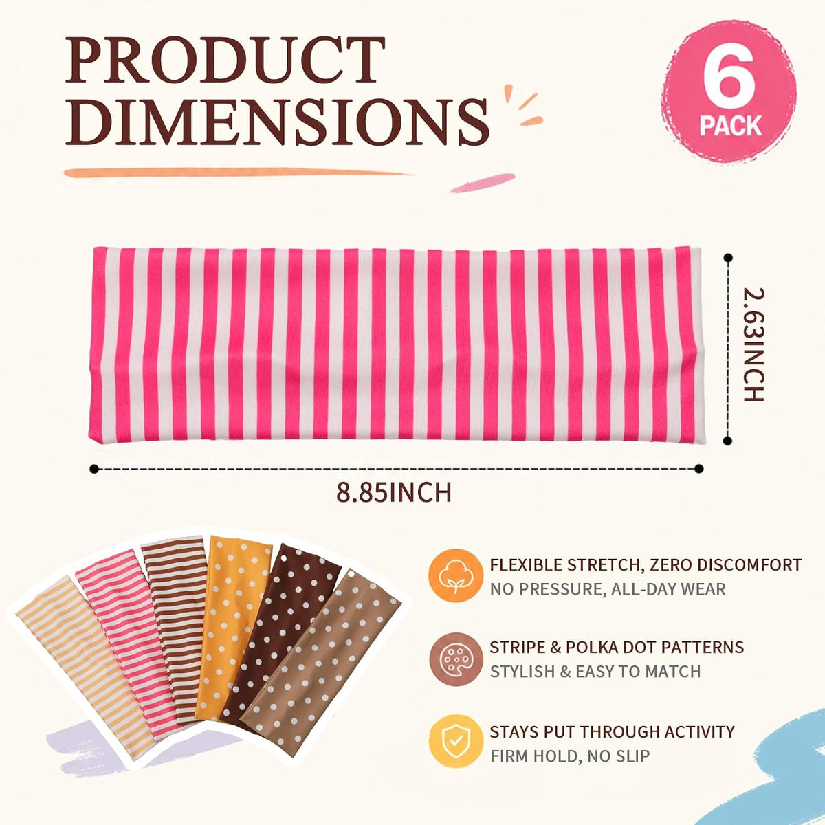 6 Pcs Polka Dot Headbands for Women, Non-Slip Striped Headbands, Multicolor