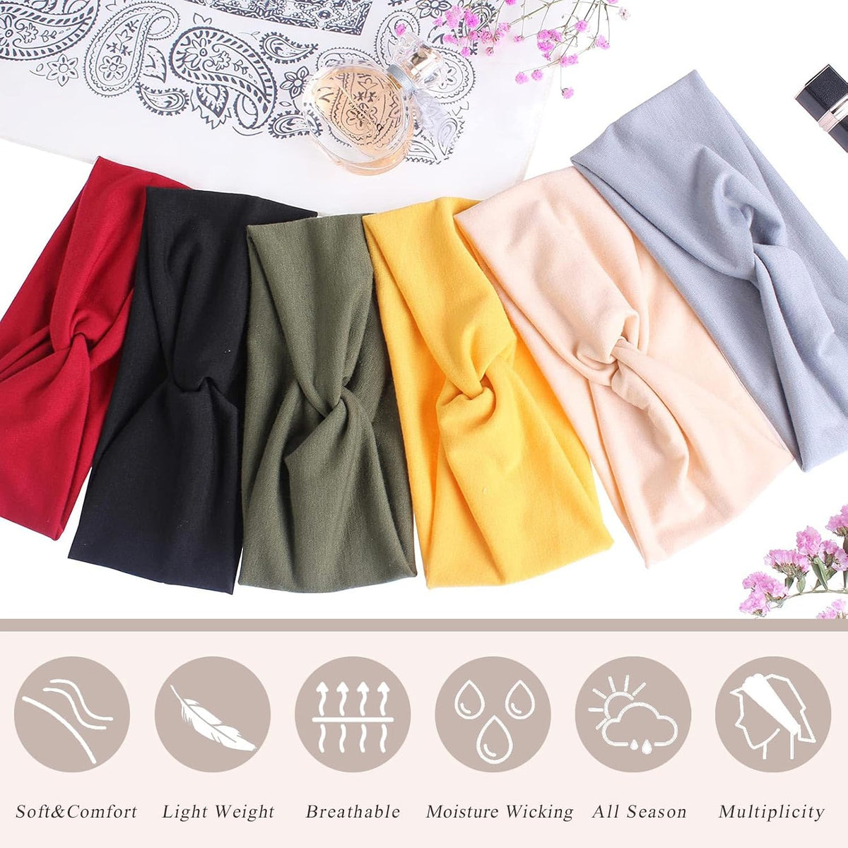 XTREND 6 Pcs Headbands for Women Twisted Cross Elastic Head Bands Yoga Workout Headband Non-Slip Sweat Soft Headbands Solid Color Simple Versatile Hair Accessory Hairbands
