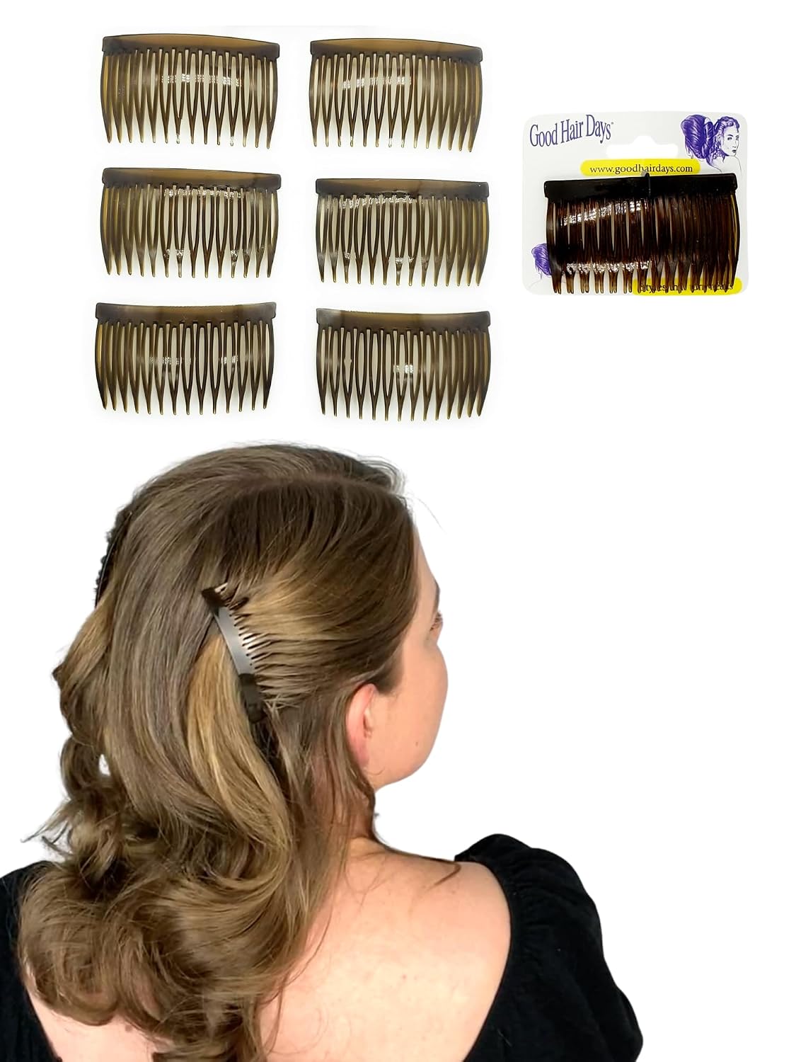Good Hair Days USA Anti-Slip Side Combs for Daily, Secure Hold, 2⅞", 6 Pack