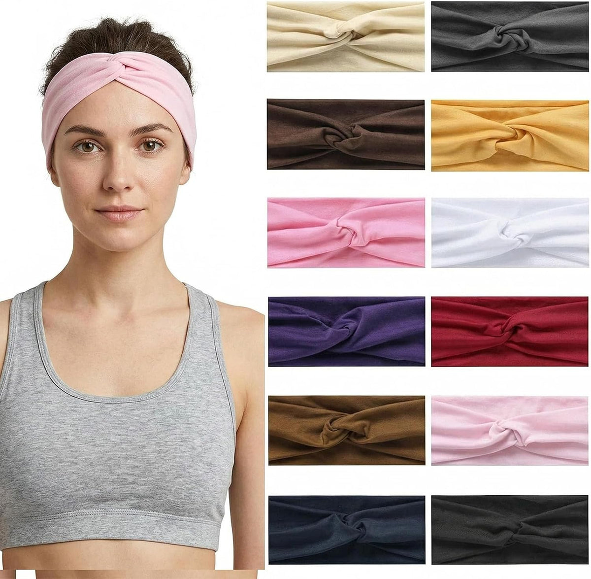 12 Pcs Stretchy Sport Headbands for Women,Absorbed Sport Headband Soft Twist Knotted Headbands for Yoga, Workout Daily Life