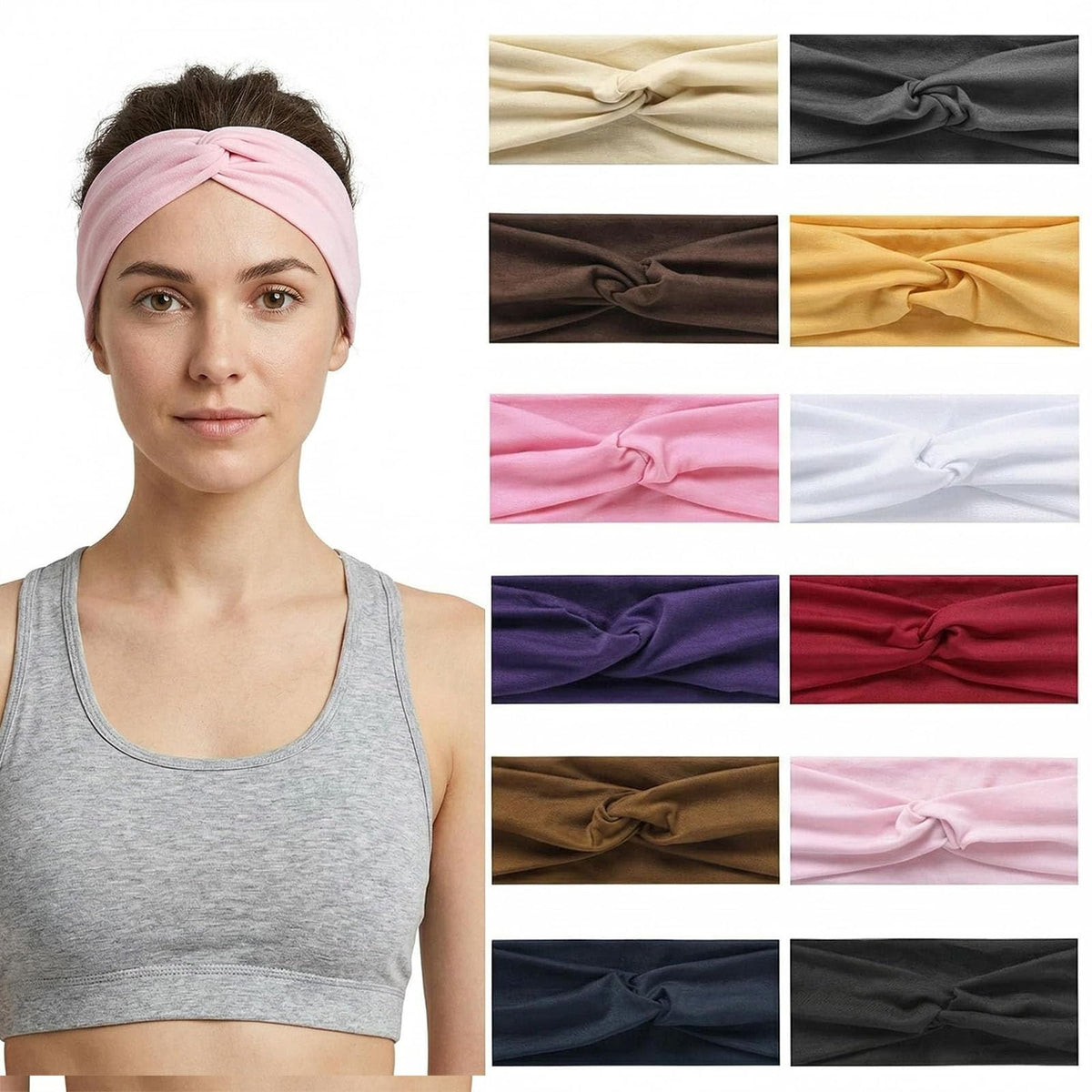 12 Pcs Stretchy Sport Headbands for Women,Absorbed Sport Headband Soft Twist Knotted Headbands for Yoga, Workout Daily Life