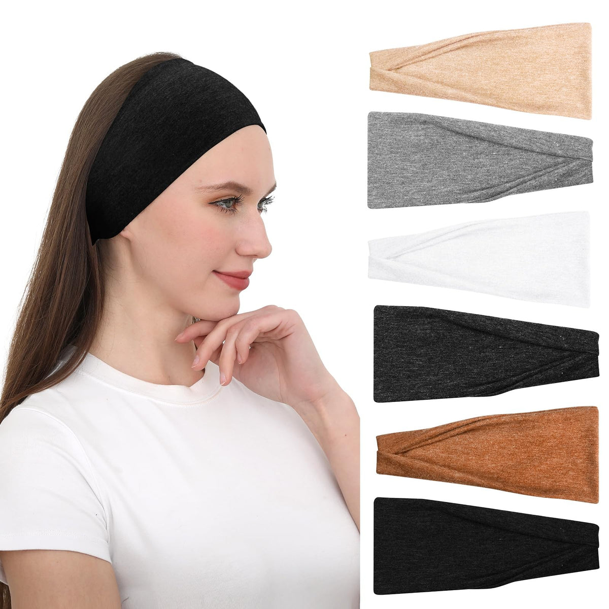 RITOPER Black Headbands for Women, 6 Pack Wide Workout Sweatbands