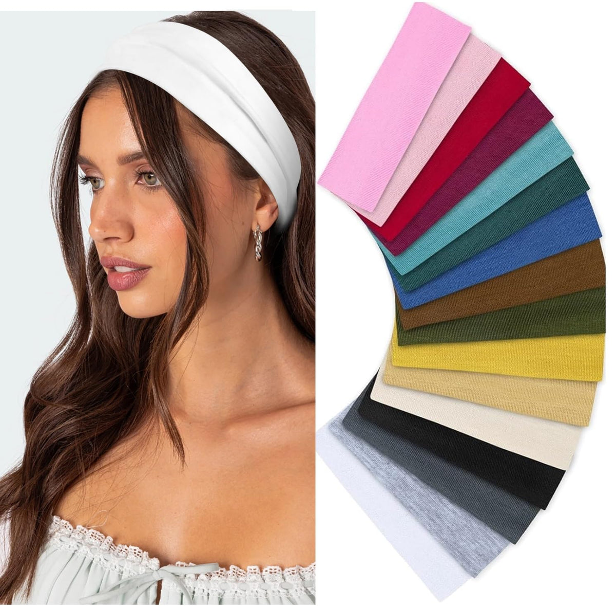 Elastic Non-Slip Soft Cloth Fabric Women's Headbands 16 Pack - Yoga, Running, Sports Hair Accessories in Black, Brown, Beige, Thick