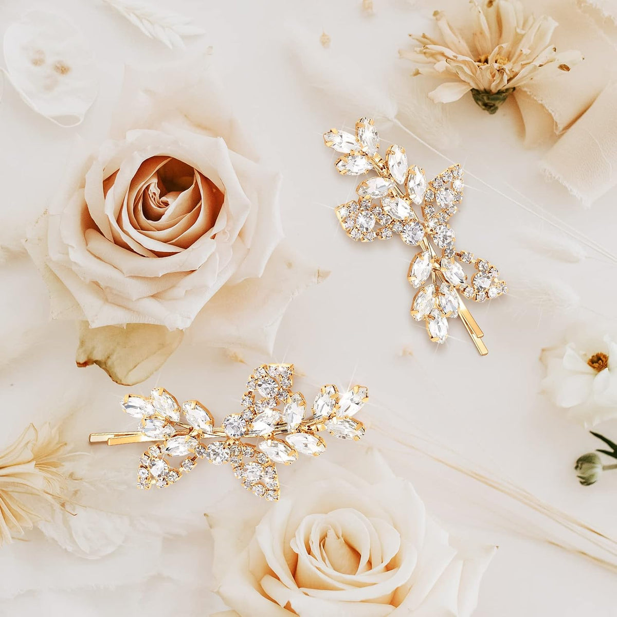 Waydress 4 Pcs Rhinestone Hair Clip Wedding Bridal Hair Barrette Decorative Leaf Crystal Side Hairpin Accessories for Women(Rhinestone Style,Gold)