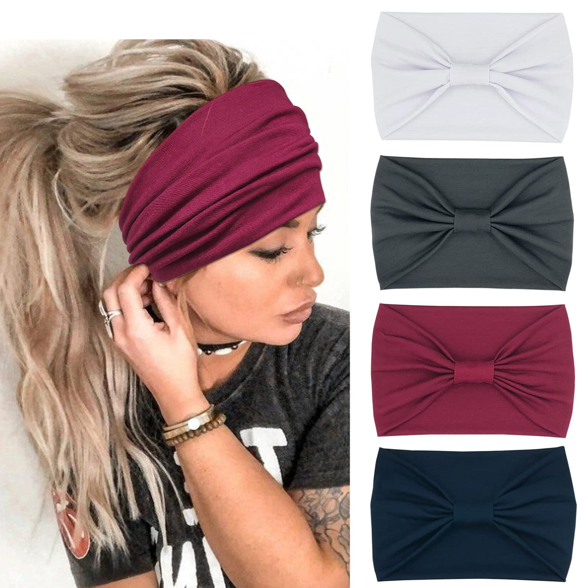 YONUF Wide Headbands for Women, 4 Pack Boho Knotted Head Bands Daily Wear