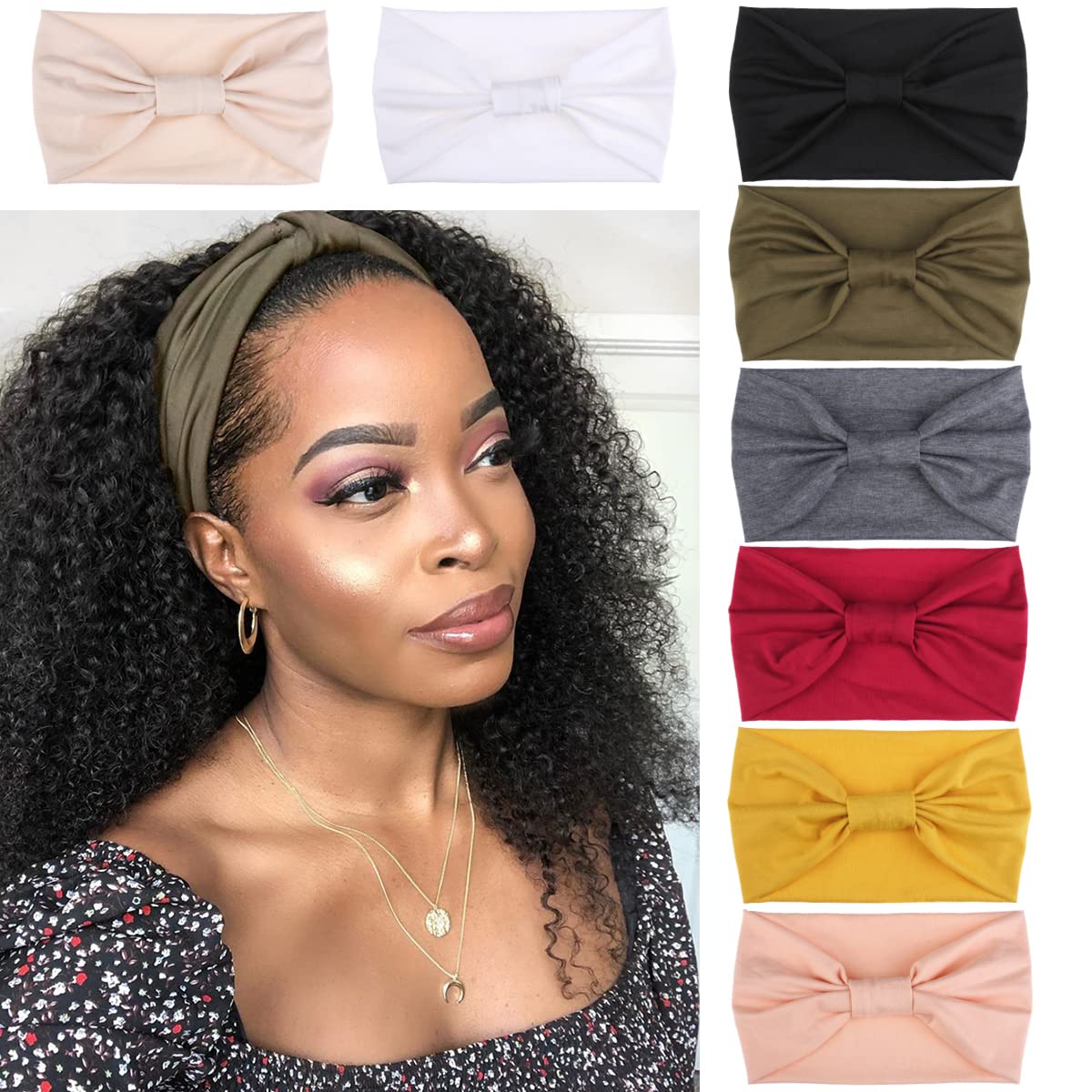 Kachanaa 8 Pack Wide Non-Slip Boho Women's Headband - Elastic Large African Turban Headwrap Ideal for Yoga,Workouts,Running - Non-Slip Design for Women
