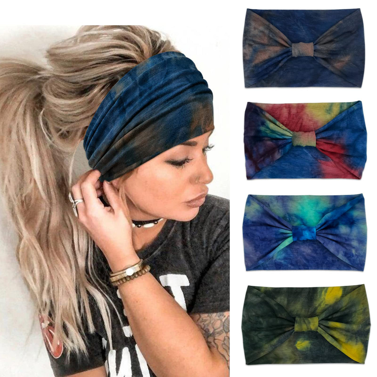 YONUF Wide Headbands for Women, 4 Pack Boho Knotted Head Bands Daily Wear