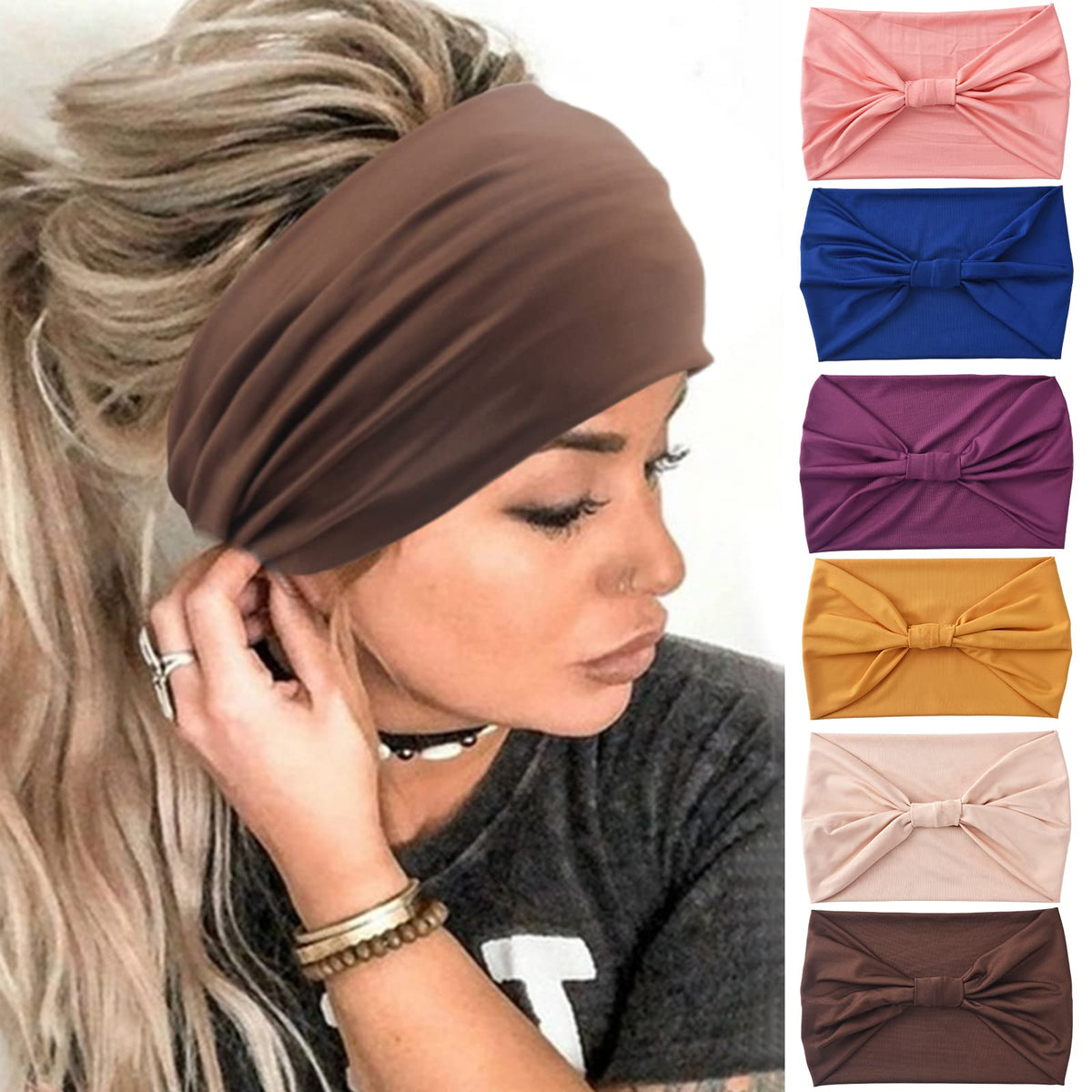 Yeshan Wide Headbands for Women Non Slip Boho Headband Elastic Tie dye Yoga Workout Sweat Bands Running Sport Hair bands,Pack of 6