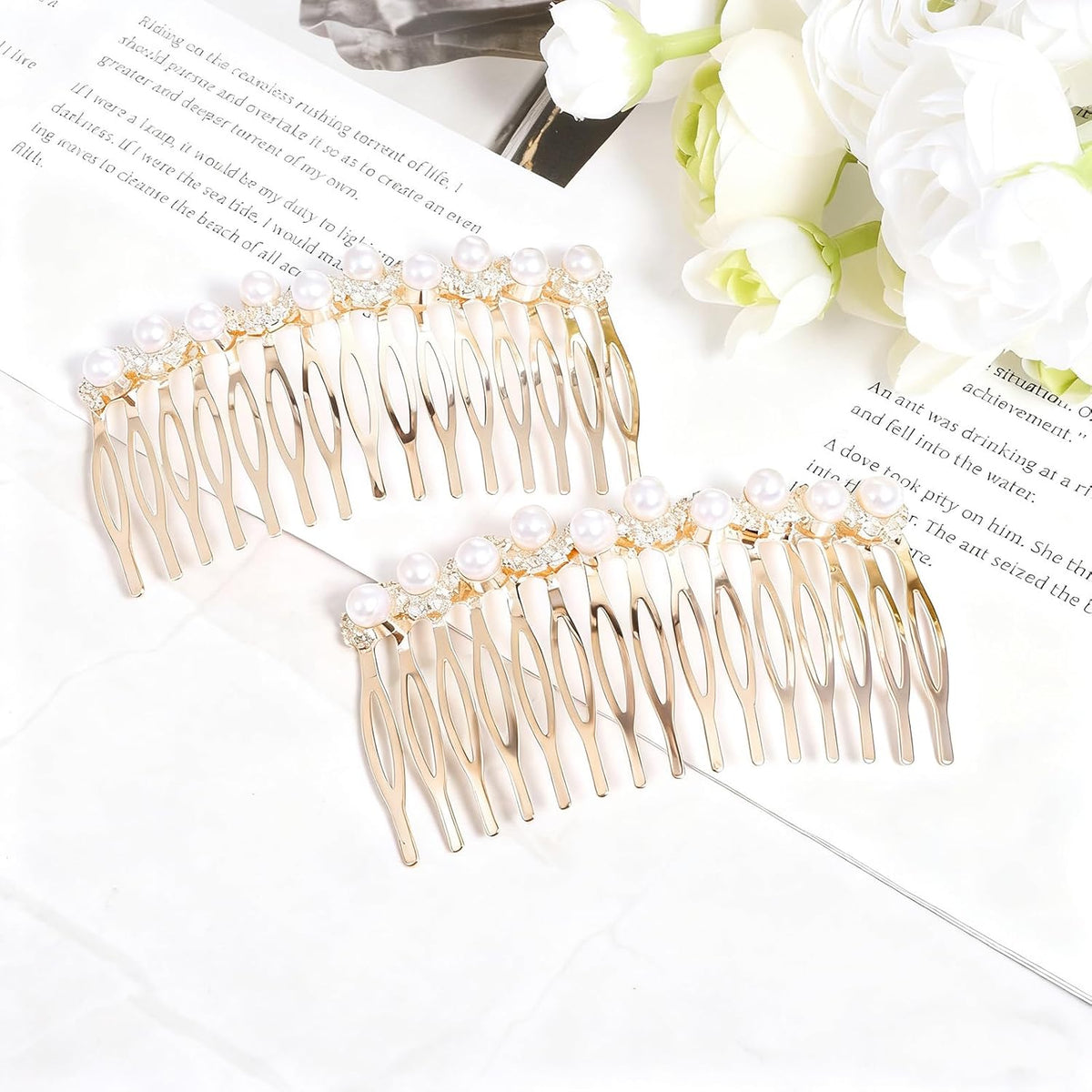 2 PCS Pearl Hair Comb for Women Decorative, Gold Pearl Hair Combs with Rhinestones, Decorative Hair Combs for Women Accessories Bridal Wedding Party Daily Decor